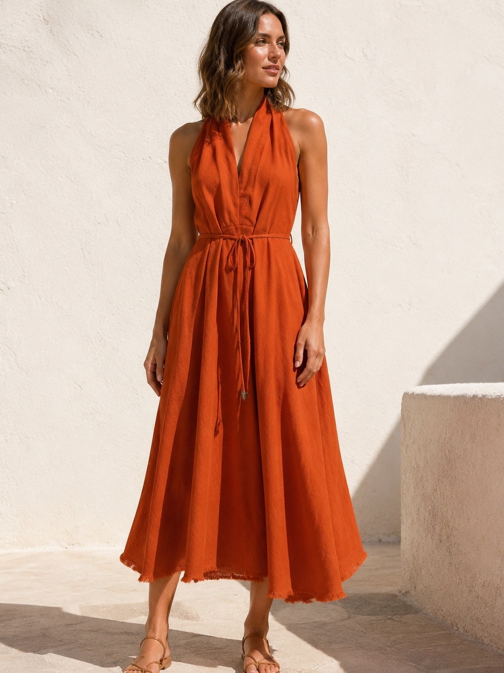 Zara Burnt Orange Linen Blend Halter A-Line Midi Dress Large